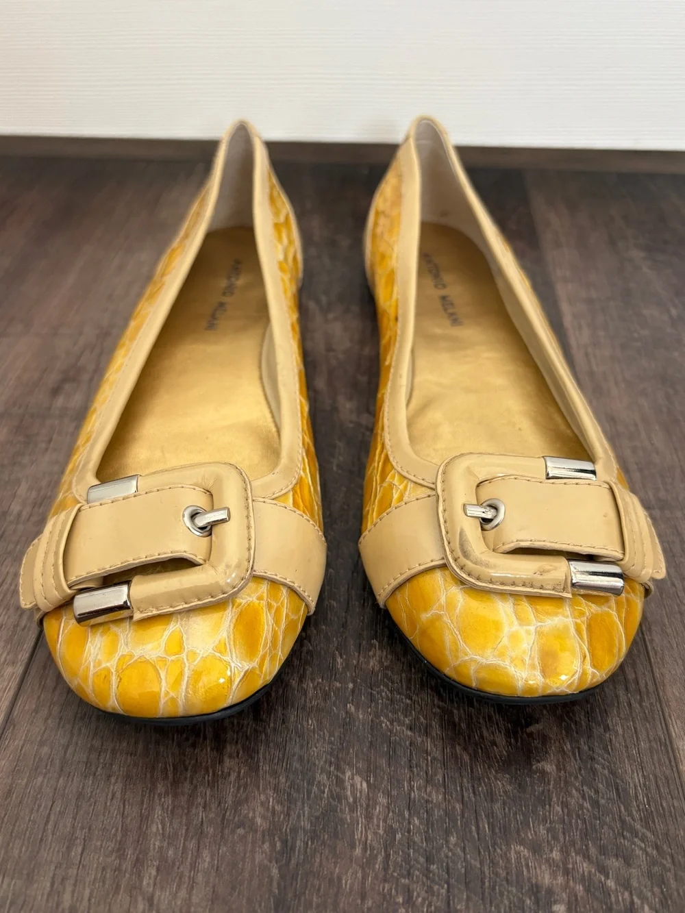 Antonio Melani Yellow Crocodile Leather Buckle Flats